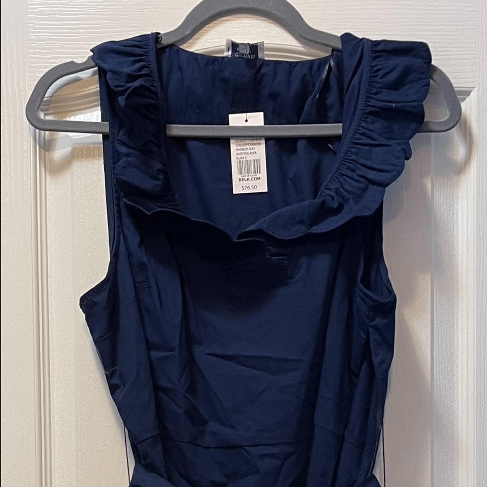 Crown & Ivy, scalloped, ruffled neck, tie waist dress “Americana Harbor Navy”